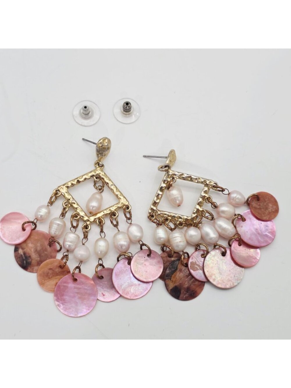 Pink & Gold Chandelier Earrings With Freshwater Pearls & Shell Discs 3" - Picture 6 of 7